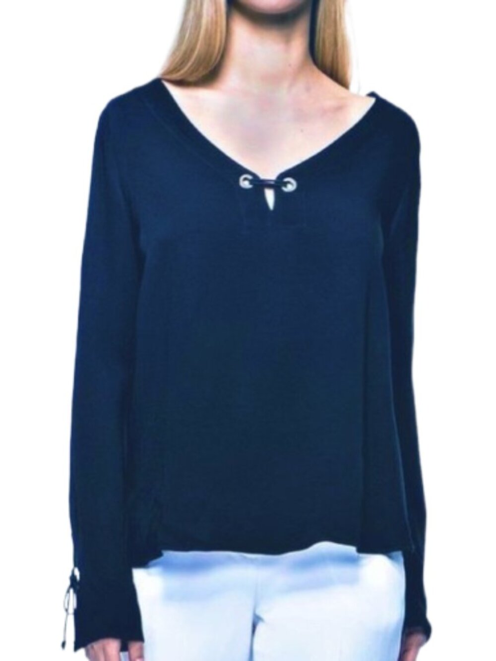 Ramy Brook Navy Blue V-Neck Long Sleeve Silk Top Grommets on Sleeves/Neck Size P